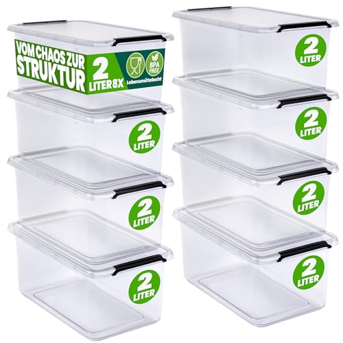 Deuba® 8x Cajas de Almacenaje con Tapa Apilables 2L Transparentes Juguetes Cocina Dormitorio libre de BPA Alimentos