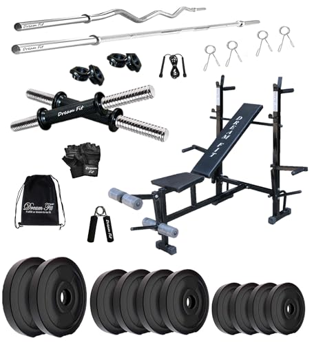 Image of DREAM FIT PVC Home Gym Set - 50 Kg with 8in1 Gym Bench, 3 ft Curling Rod, 5 ft Straight Rod, 1 Pair Dumbbell rods and Gym Accessories (50kg)