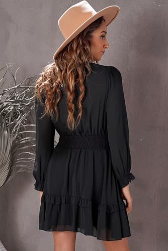 Image of Dokotoo Womens Casual Spring Fall 2025 Deep V Neck Knotted Tiered Chiffon Elegant Mini Short Swing Skater Dresses
