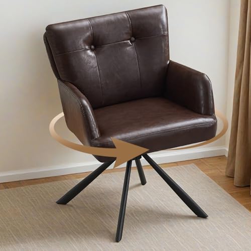 WUTUTUEE Faux Leather Dining Chair Modern Upholstered Swivel Dining Room Chairs Comfy Accent Armchair with Mid Back, Desk Arm Chair No Wheels for Kitchen/Living Room/Home Office, Dark Brown
