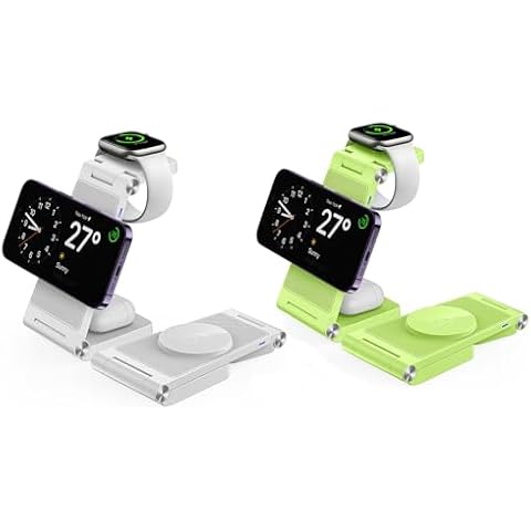 2 Pack GEJIUCAI Magnetic Wireless Charger Foldable 3 in 1 Charging Station for iPhone 15 14 13 12 Series, for Apple Watch 9/8/7/6/5/4/3/2(White & Light Green) Cover
