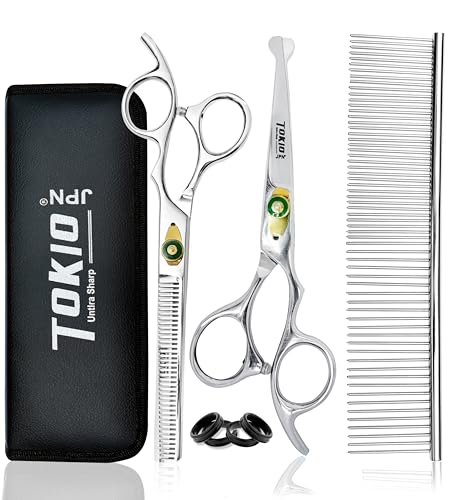 Professional Dog Grooming Scissors Set 6.5″ Pet Grooming Scissors for Dogs, Cats, Rabbit & All Pets, Stainless Steel Curved Scissor with safty Round tip, thinning Scissor (3 Pieces Set)