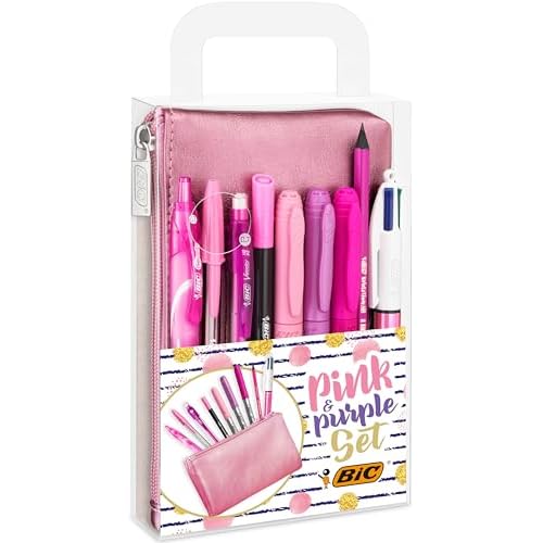 BIC Juego de 1 estuche, 2 bolígrafos, 1 bolígrafo de gel borrable, 1 lápiz de grafito con borrador/1 bolígrafo de fieltro de escritura/3 marcadores permanentes/1 lápiz mecánico