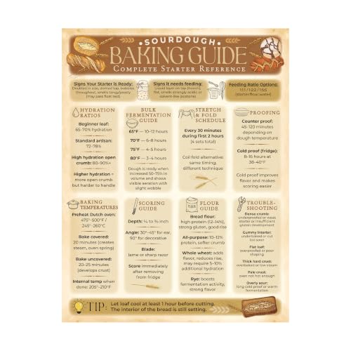 Sourdough Baking Guide Magnet 8.5x11 Bread Starter Reference Chart Fermentation Hydration Ratios Proofing Scoring Tips Baking Temperatures Fridge Reference for Home Bakers Kitchen Cooking Guide