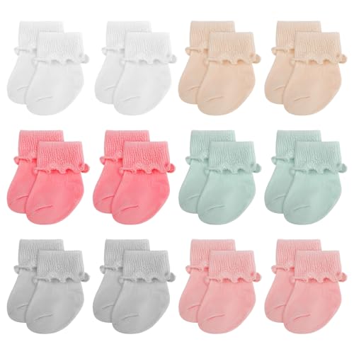 Toulite 12 Pairs Preemie Newborn Baby Ankle Socks Ruffle Turn Cuff Cotton Non-slip Warm Socks for Girls and Boys Infant(Vivid Colors,Premature)