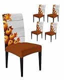 Fall Chair Covers Set of 4 Thanksgiving Chair Covers for Dining Chairs Orange Pumpkin Maple Leaf Vintage Farm Wooden Plank Stretch Removable Chair Slipcovers for Dining Room Kitchen Holiday Party