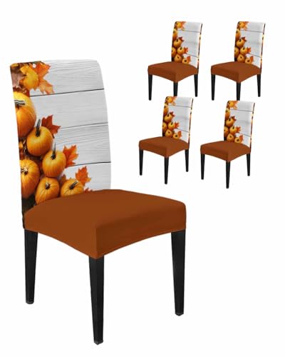 Esszimmerstuhlhussen, Thanksgiving Herbst, Orange, Kürbis, Ahornblatt, Vintage, Bauernhof, Holzdielen, Stretch-Stuhlhussen, abnehmbar, für Esszimmer, Bankett, Party, 4 Stück