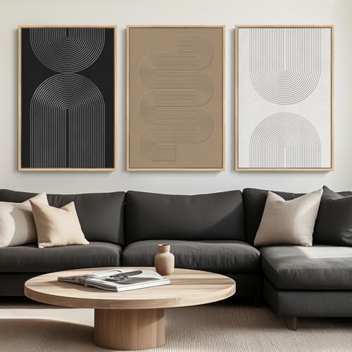 Large Framed Black and White Neutral Abstract Wall Art, 3 Piece Minimalist Canvas Prints Paintings Artwork for Walls, Boho Geometric Pictures for Living Room Hallway Office Wall Decor Total 30x60 In