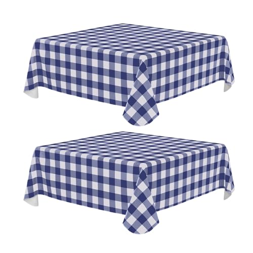 Image of misaya 2 Pack Waterproof Vinyl Table Cloth, Buffalo Flannel Backed Tablecloth, Wipeable Plastic Table Cover for Dinner, Kitchen, Outdoor (54 inch x 54 inch, White and Navy)
