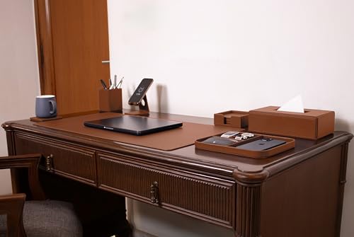 Image of V-CUBE Designs Premium Vegan Leather Executive Set of 6| Multipurpose Personal Desk Organizer| Desk Mat | Valet Tray| Tissue Holder | Pen Holder| Coaster | Mobile Stand for Office Table & Home - Tan