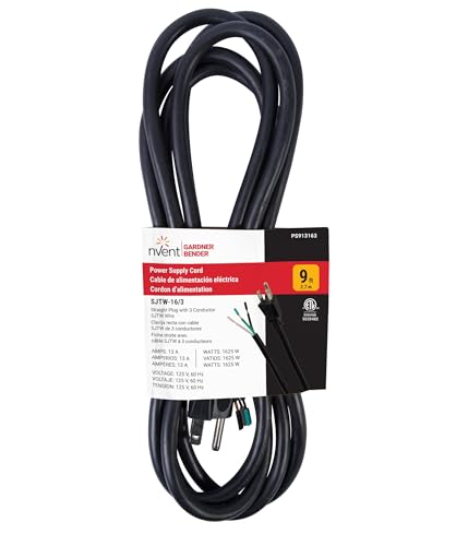 Image of nVent Gardner Bender PS913163 9 ft 16 /3 SJTW Replacement Power Cord, 13A 125V Heavy Duty Appliance & Power Tool Cord with NEMA 5-15 Plug & Pigtail End, Black (Formerly: Bergen)