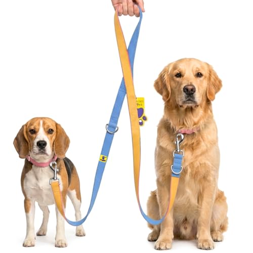 Image of A+a Pets' Multi-Function Cotton Leash to Walk 2 Dogs | Long, Short, Hands Free, Traffic, Running, Walking | Adjustable, Soft Comfortable (Blue & Mango)