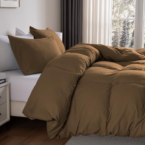 Image of Ranunculus Washed Khaki Duvet Cover Set King Size, 3 Piece Prewashed Cotton-Like Bedding Set, Duvet Cover 104X90 Inches with Button Closure & 2 Pillow Shams for All Seasons,Comforter Not Included