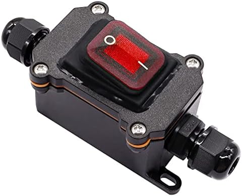 IP67 Waterproof Inline Cord Switch 12V DC 20A DPST 4Pin 2 Position On Off Outdoor Toggle Switch with Red Light Rocker Button,Two-Side Entry & Exit Line