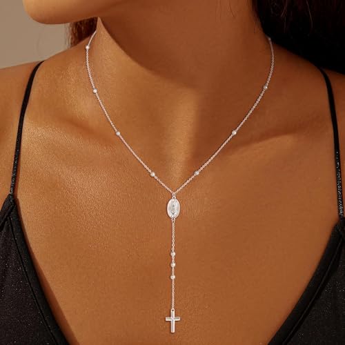 Image of CHESKY Long Necklaces for Women, 14k Gold Plated /Streling Silver Lariat Necklace Dainty Statement Prom Necklace Rosary Cross Sun Drop Pendant Dangle Necklace Gold Prom Jewelry for Women Gifts