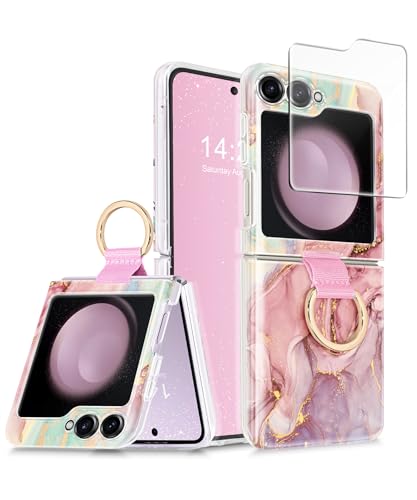 Image of Case for Samsung Galaxy Z Flip 5 Case with Ring, [Precise Camera Protection]+[1*Screen Protector], Wireless Charging Anti-Scratch Shockproof Case for Z Flip 5 5G (Pink Green)