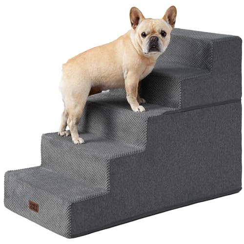 Image of EHEYCIGA Dog Stairs for High Bed 25 inch H, 5-Step Extra Wide Dog Steps for Bed, Pet Steps for Small Dogs and Cats, Non-Slip Balanced Pet Ramp Indoor, Grey