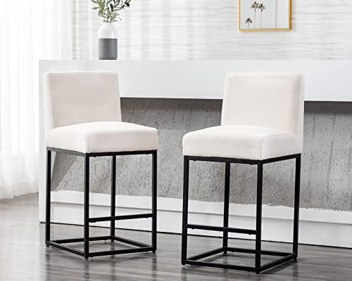 Image of HNY Modern Counter Height Bar Stools Set of 6, Linen Upholstered Kitchen Island Stools with Backrest, 27 Inch Bar Stools with Black Metal Frame, Cream