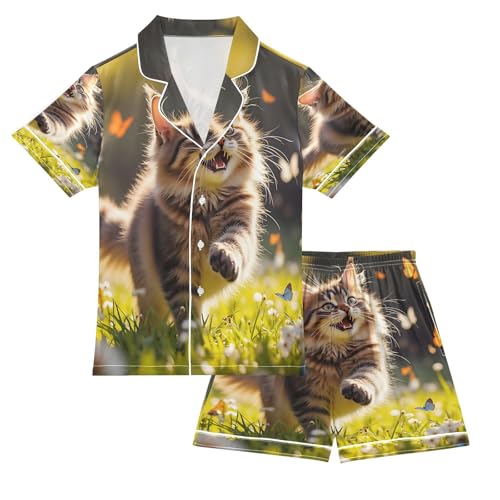 ALAZA Cat Butterfly Blossom Cat Kitten Satin Pajamas Set Short Sleeve Button Down Sleepwear Summer Pjs 2 Piece