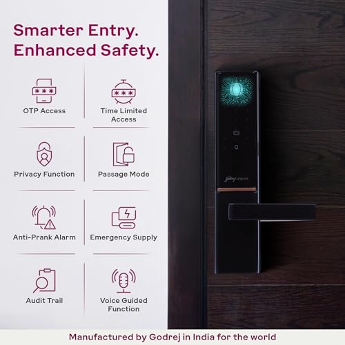 Image of Godrej Smart Lock | The Only 7 in 1 NFC Digital Lock with Scheduled Biometric Access | VDP Compatible | Wooden Door in Home & Offices | Matte Black |3 Yrs Warranty |Made in India