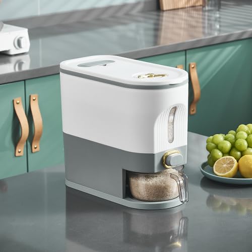 Image of Sooyee 20Lbs Rice Dispenser, Large Grain Container Storage with Lid Measuring Cylinder Moisture Proof Household Cereal Dispenser Bucket for Kitchen Soybean Corn,White and Grey