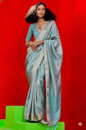 Image of SWORNOF Women's Woven Khadi Georgette Silk Saree With Unstitched Blouse Piece