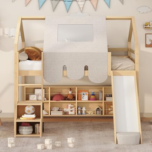 Ball & Cast Full Size House-Shaped Loft Bed with Slide,Ladder,Tent & Storage Shelves,Solid-Wood Loft Bed W/Softy Padding&Car-Shaped Storage Unit,Play House Bed Frame for Girls,Boys,Kids,Natural+Beige