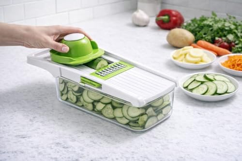 Image of 6 in 1 Multipurpose Chopper, Fruits & Vegetable Cutters, Grater Peeler Chipser, Unbreakable Food Grade Body, Easy Push to Clean Button Slicer Dicer, Chopper for Kitchen (Green, Plastic)