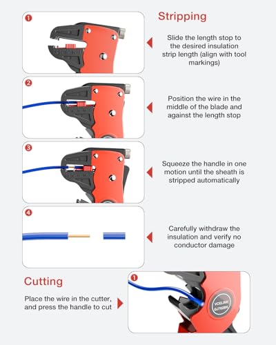 Image of VCELINK Automatic Quickstrip Wire Stripper & Cutter 2-in-1, Black | Eagle-nose Design Quick Strip Wire Stripper 14-24AWG Wires Cleanly in Tight Outlet Boxes, No Core Damage
