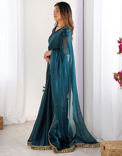 Image of SIRIL Women's Shimmer Chiffon Lace Border Saree With Unstitched Blouse Piece
