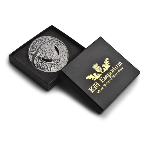 Image of Scottish Highland Cow Kilt Brooch Pin - Brass, 3-Inch (Silver Antique)