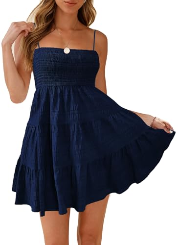 Image of HVEPUO Women Spaghetti Strap Sleeveless Smock Cami Mini Dress Summer Vacation Flowy Boho A Line Swing Short Dresses for Women