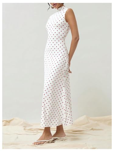 Image of Milumia Women's Polka Dots Maxi Tank Dress Vintage Mock Neck Sleeveless Elegant Long Dresses