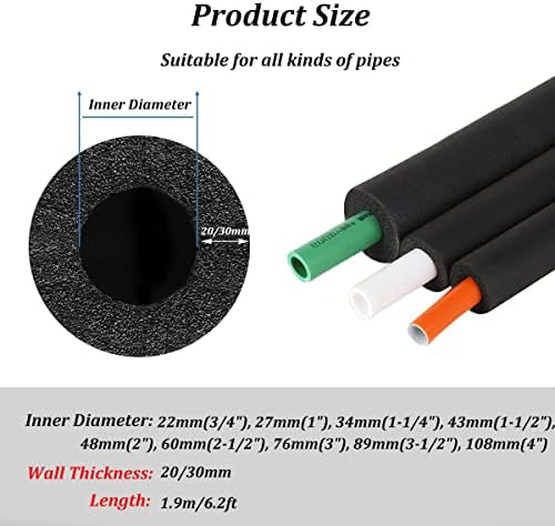 Water Pipe Insulation Tubing 3/4" 1" 1-1/4" 1-1/2" 2" 2-1/2" 3" 3-1/2" 4" Inner Diameter Foam Tube Insulation for 0.79"/1.18" Thick Wall Insulation Lagging Wrap (1.18", ID 3")