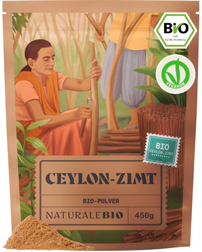 NaturaleBio Ceylon Zimt Bio Gemahlen 450g. Premium Echter Zimt Pulver. Natürlicher Antioxidant und entzündungshemmend. Unterstützt die Verdauung, stärkt Abwehrkräfte, fördert das Wohlbefinden