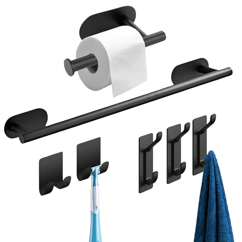 VOIVITA Toalleros de Baño sin Taladro - Kit de Accesorios de Baño sin Taladro, con Toallero, Cuelga Toallas y Portarrollos con Adhesivos de Repuesto para la Decoración Baño (Negro)