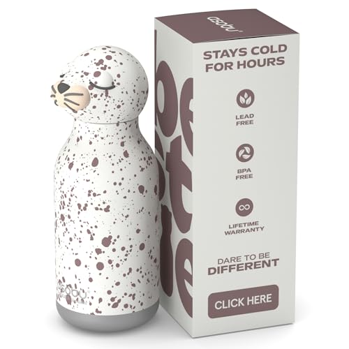 asobu Bestie Bottle Insulated Stainless Steel Water Bottle with Detachable Soft Animal Head Fun Drinking For Kids and Teens with Flexible Reusable Straw 16 Ounce (Seal White)