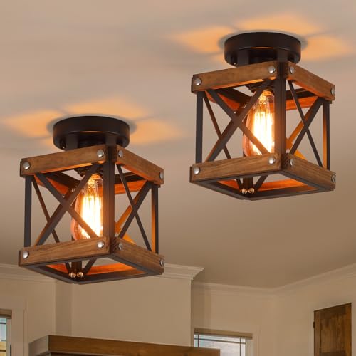 2 Pack Rustic Farmhouse Wood Flush Mount Ceiling Light Fixture