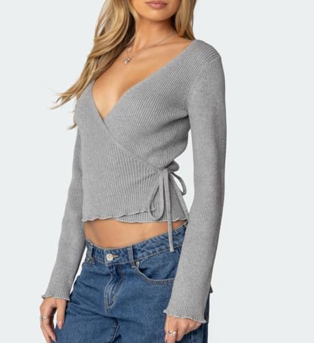 NUFIWI Ballet Wrap Sweaters for Women Long Sleeve V Neck Lightweight Pullover Y2k Tie Back Loose Ribbed Knit Shirts4