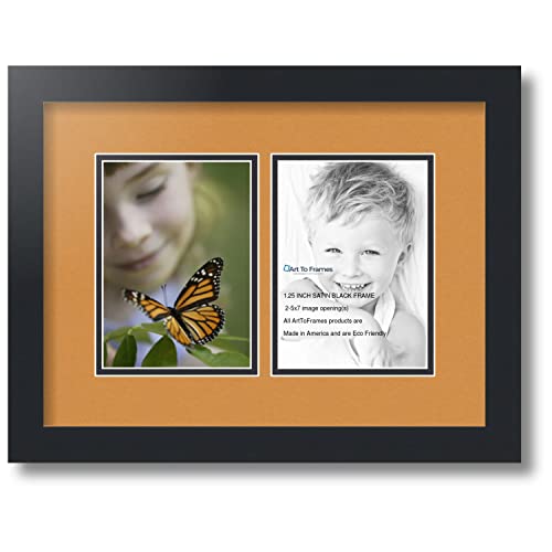 ArtToFrames Collage Photo Frame Double Mat with 2-5x7 inch Openings with Black Frame and Amber Top Mat