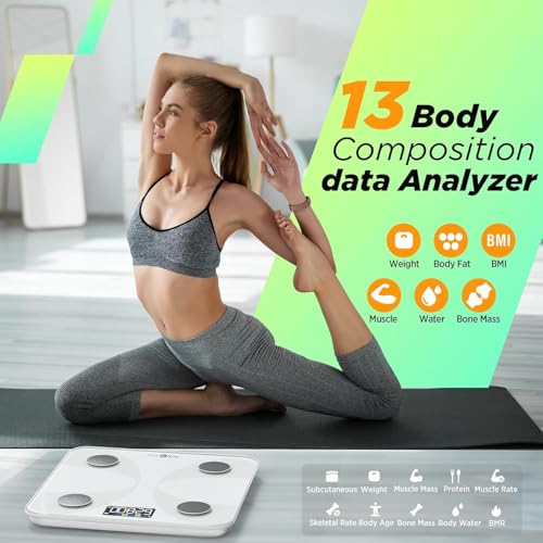 RunSTAR Körperfettwaage, Personenwaage Digitale mit großem Display, Analysator für 13 essentielle Körperwerte, mit App-Synchronisierung - Weiß