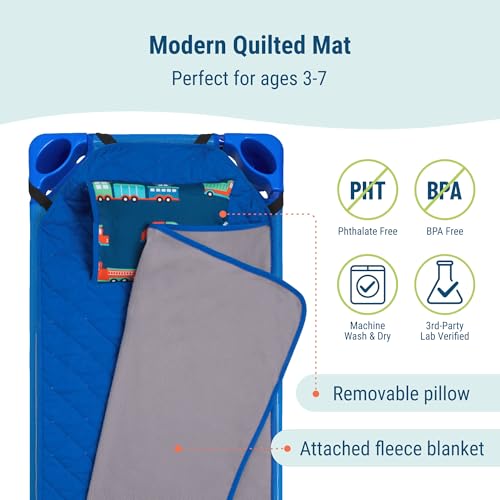 Image of Wildkin Modern Kids Nap Mat with Pillow for Boys - Cotton Blend, Elastic Straps, Toddler Sleep Mat for Daycare, Preschool, Kindergarten & Travel, Ages 3-7, Machine Washable - Transportation