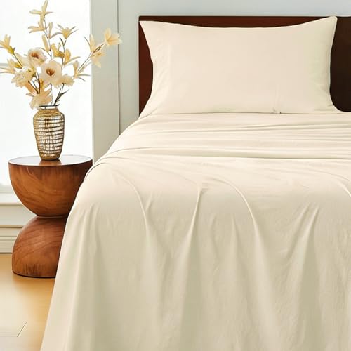 GOKOTTA 3 Pcs Twin Sheets Set, 15 Inch Deep Pocket, Non-Slip Elastic Corner Straps, Washed & Brushed Microfiber Polyester - Ultra Soft, Hotel Luxury, Hypoallergenic, Breathable, Wrinkle-Free - Beige