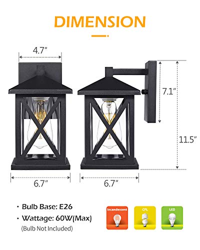 Jazava Outdoor Wall Sconce Light Fixtures 2 Pack, 11.5 inches Height Exterior Wall Mounted Lights Sconces Porch Lantern with Cylinder Clear Glass, Matte Black Finish