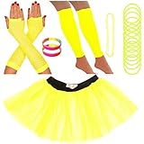 Set enthält: 30 cm langes Tutu-Röckchen mit 3 Lagen, ein Paar Beinstulpen, ein Paar Netzhandschuhe, eine Perlenkette, eine Packung mit 12 schmalen Gummiarmbändern und ein Paar breite neonfarbene Armbänder