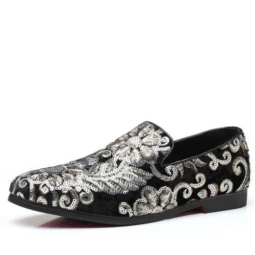 Men's Velvet Sequins Embroidered Slip On Dress Loafers Shoes Round Toe Lightweight Non Slip Sole Shiny Decorative for Weddings Parties Formal Events Office Church