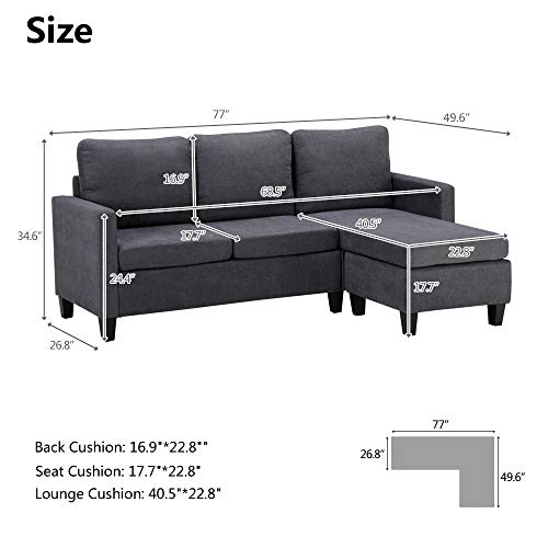 FCH L-Shape Convertible Sectional Sofa Couch Modern Upholstered Living Room Sectional Couch with Reversible Chaise (Dark Grey)