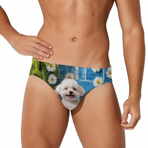 Cute Bichon Frise Bathroom Men's Swim Trunks Briefs Swimsuit Swimwear Bathing for Underwear Beach