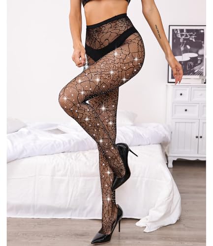 Image of Sparkly Tights, Spiderweb Tights, Sexy High Waist Sparkly Fishnet Tights - Premium Women's Stretchy Fishnet Stockings for Women, Trendy and Comfortable Halloween