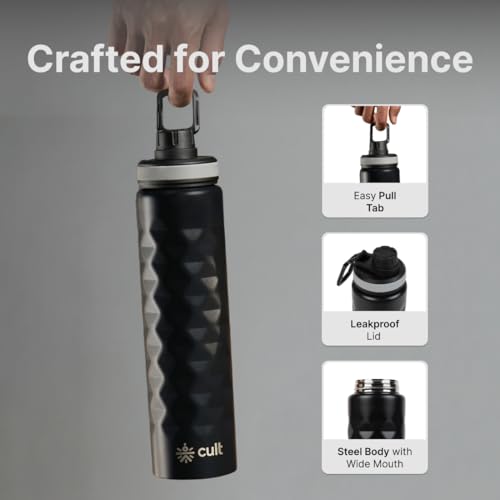 Image of CULT Stainless Steel Water Bottle 1 Litre with Diamond Sports Cap - Durable, Leakproof, Rust-Resistant, Easy to Clean, Lightweight & Portable - Stylish Black